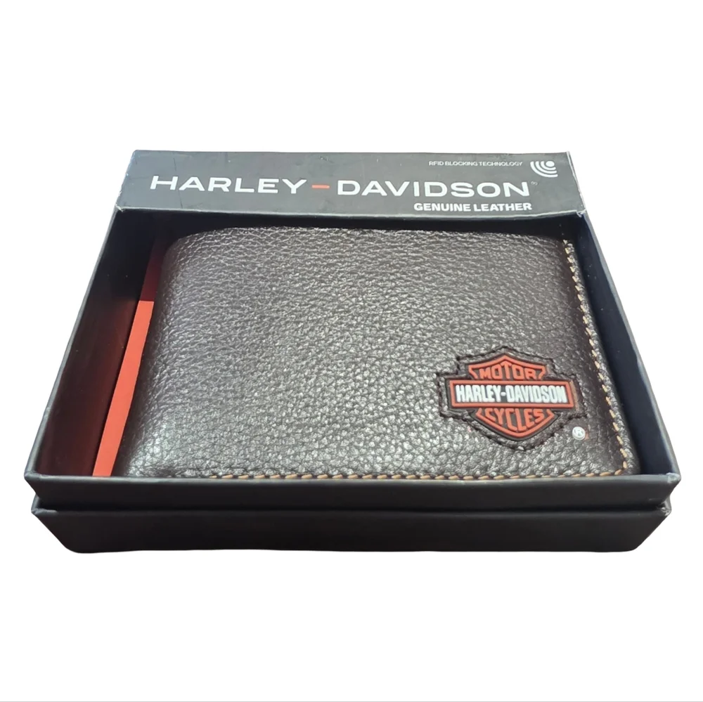 HARLEY DAVIDSON Brown  Geniune Leather Branded Bifold Wallet NEW